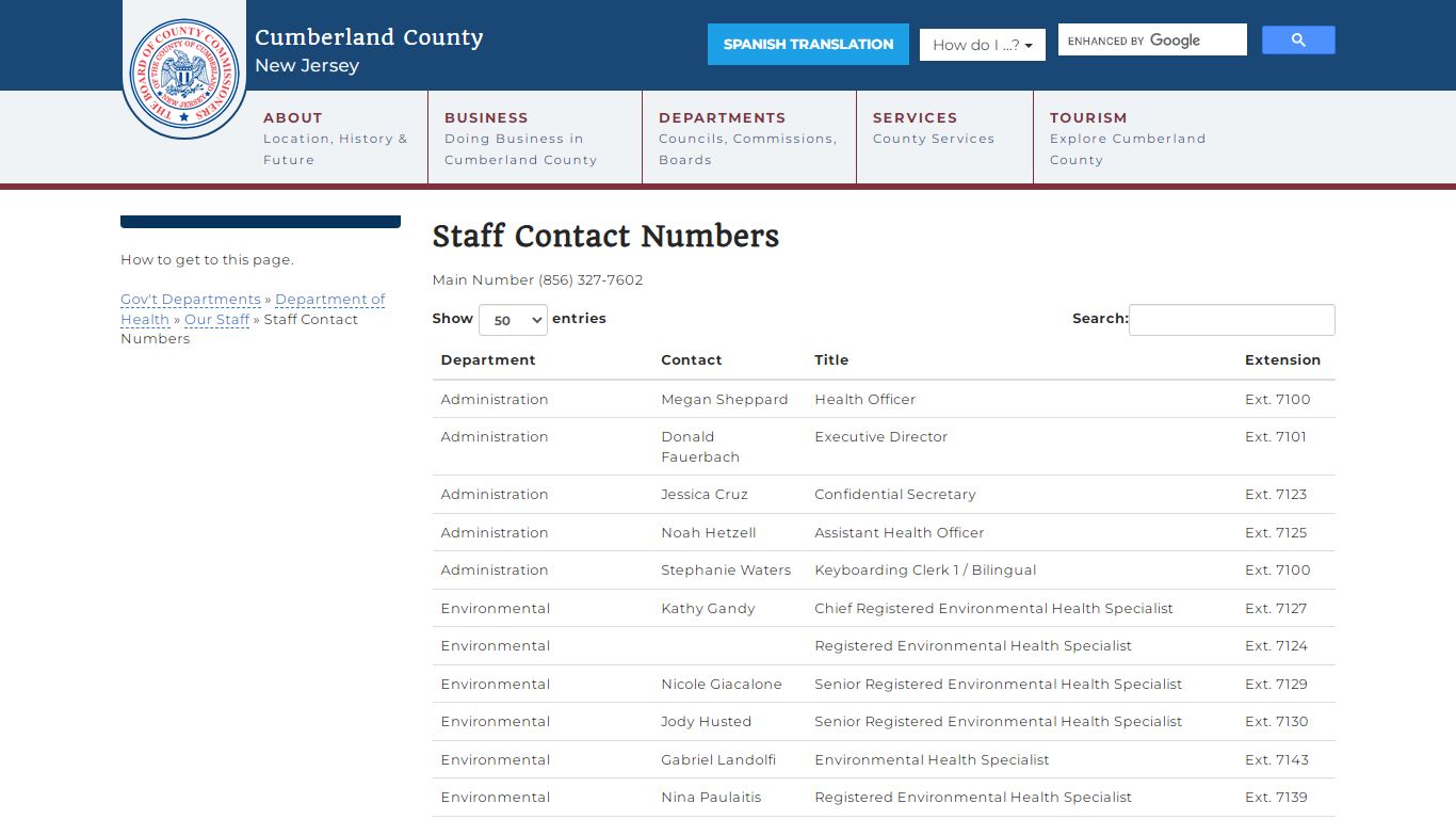 Staff Contact Numbers - Cumberland County, New Jersey (NJ)